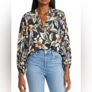 NWT Tommy Bahama Coastal Petals Split Neck Top in Black, Small, Spring Summer